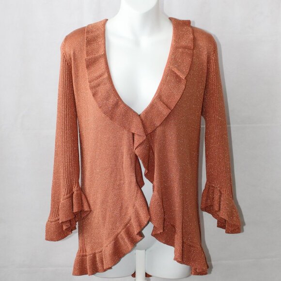 Nine West Woman Silk Blend Orange Metallic Fleck Clasp Front Cardigan Size 2X - Picture 1 of 11
